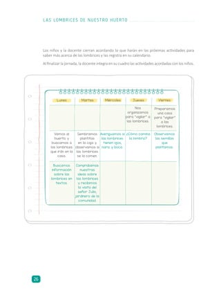 Los niños y la docente cierran acordando lo que harán en las próximas actividades para
saber más acerca de las lombrices y las registra en su calendario.
Al finalizar la jornada, la docente integra en su cuadro las actividades acordadas con los niños.
Lunes Martes Miércoles Jueves
Nos
organizamos
para “vigilar” a
las lombrices.
Sembramos
plantitas
en la caja y
observamos si
las lombrices
se la comen.
Averiguamos si
las lombrices
tienen ojos,
nariz y boca.
¿Cómo camina
la lombriz?
Observamos
las semillas
que
plantamos.
Vamos al
huerto y
buscamos a
las lombrices
que irán en la
casa.
Buscamos
información
sobre las
lombrices en
textos.
Comprobamos
nuestras
ideas sobre
las lombrices
y recibimos
la visita del
señor Julio,
jardinero de la
comunidad.
Viernes
Preparamos
una casa
para “vigilar”
a las
lombrices.
LAS LOMBRICES DE NUESTRO HUERTO
26
 