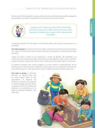 La docente solicitó a los niños dejar a las lombrices dentro de la casa y los convocó a una
asamblea.
Con todo el grupo: La docente invitó a los niños a compartir las observaciones que hicieron
en su grupo. Con ello promueve el intercambio de los resultados y la interacción de todos
los niños.
Luego los invitó a contar lo que observaron a través de dibujos, del modelado y la
construcción con material reciclado y elementos naturales (piedras, hojas, ramas). Para ello,
colocó el material a disposición de los niños y cada quien pudo elegir según sus intereses.
El material reciclado tuvo mucha acogida y no solo motivó la representación de las
lombrices (con tubos de cartón). Motivó la construcción de una ciudad para las lombrices,
ello evidenció que los niños aprendieron sobre el hábitat que ellas requieren para vivir.
¿Lograron ver si tienen ojos, nariz y boca? ¿Cuán larga
es? ¿Es tan larga como un lápiz? ¿Cómo se mueve? ¿Cómo
hace para trasladarse de un lugar a otro? ¿Qué les llamó
la atención?
Mientras los niños trabajaban en grupo, la docente iba acercándose para plantear preguntas
que ayudasen a enfocar la observación en las características de la lombriz.
Con todo el grupo: La docente
fomentó un tiempo para que
los niños hablen sobre lo que
aprendieron al observar las
lombrices. Después, les preguntó
si habían logrado observar cómo
se mueven y cómo se trasladan las
lombrices. Les recordó que en la
próxima actividad hablarían más
sobre ello. PROYECTO1
PROYECTOS DE APRENDIZAJE EN EDUCACIÓN INICIAL
29
 
