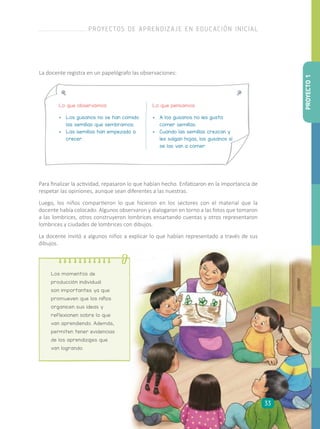 La docente registra en un papelógrafo las observaciones:
Lo que observamos Lo que pensamos
•	 Los gusanos no se han comido
las semillas que sembramos.
•	 Las semillas han empezado a
crecer.
•	 A los gusanos no les gusta
comer semillas.
•	 Cuando las semillas crezcan y
les salgan hojas, los gusanos sí
se las van a comer.
Para finalizar la actividad, repasaron lo que habían hecho. Enfatizaron en la importancia de
respetar las opiniones, aunque sean diferentes a las nuestras.
Luego, los niños compartieron lo que hicieron en los sectores con el material que la
docente había colocado. Algunos observaron y dialogaron en torno a las fotos que tomaron
a las lombrices, otros construyeron lombrices ensartando cuentas y otros representaron
lombrices y ciudades de lombrices con dibujos.
La docente invitó a algunos niños a explicar lo que habían representado a través de sus
dibujos.
Los momentos de
producción individual
son importantes ya que
promueven que los niños
organicen sus ideas y
reflexionen sobre lo que
van aprendiendo. Además,
permiten tener evidencias
de los aprendizajes que
van logrando.
PROYECTO1
PROYECTOS DE APRENDIZAJE EN EDUCACIÓN INICIAL
33
 