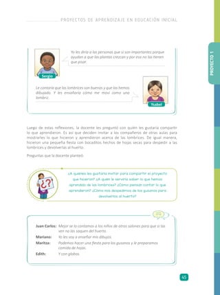Luego de estas reflexiones, la docente les preguntó con quién les gustaría compartir
lo que aprendieron. Es así que deciden invitar a los compañeros de otras aulas para
mostrarles lo que hicieron y aprendieron acerca de las lombrices. De igual manera,
hicieron una pequeña fiesta con bocaditos hechos de hojas secas para despedir a las
lombrices y devolverlas al huerto.
Preguntas que la docente planteó:
¿A quiénes les gustaría invitar para compartir el proyecto
que hicieron? ¿A quién le serviría saber lo que hemos
aprendido de las lombrices? ¿Cómo piensan contar lo que
aprendieron? ¿Cómo nos despedimos de los gusanos para
devolverlos al huerto?
Juan Carlos:	 Mejor se lo contamos a los niños de otros salones para que si las
ven no las saquen del huerto.
Mariano:	 Yo les voy a enseñar mis dibujos.
Maritza:	 Podemos hacer una fiesta para los gusanos y le preparamos
comida de hojas.
Edith:	 Y con globos.
Sergio
Ysabel
Yo les diría a las personas que sí son importantes porque
ayudan a que las plantas crezcan y por eso no las tienen
que pisar.
Le contaría que las lombrices son buenas y que las hemos
dibujado. Y les ensañaría cómo me moví como una
lombriz.
PROYECTO1
PROYECTOS DE APRENDIZAJE EN EDUCACIÓN INICIAL
45
 