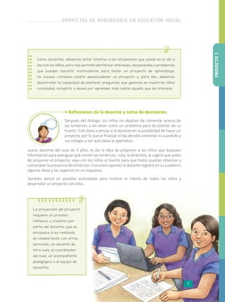 • Reflexiones de la docente y toma de decisiones
Después del diálogo, los niños no dejaban de comentar acerca de
las lombrices y las veían como un problema para las plantas de su
huerto. Esto llevó a pensar a la docente en la posibilidad de hacer un
proyecto, por lo que al finalizar el día decidió comentar lo sucedido a
sus colegas y ver qué ideas le aportaban.
Juana, docente del aula de 3 años, le dio la idea de proponer a los niños que busquen
información para averiguar qué comen las lombrices. Julia, la directora, le sugirió que antes
de proponer el proyecto, vaya con los niños al huerto para que todos puedan observar y
comprobar la presencia de lombrices. Con estos aportes la docente registró en su cuaderno
algunas ideas y las organizó en un esquema.
También pensó en posibles actividades para motivar el interés de todos los niños y
desarrollar un proyecto con ellos.
Como docentes, debemos estar atentos a las situaciones que pasan en el día a
día con los niños; esto nos permite identificar intereses, necesidades o problemas
que pueden resultar motivadoras para iniciar un proyecto de aprendizaje.
Un suceso cotidiano podría desencadenar un proyecto y, para ello, debemos
desarrollar la capacidad de plantear preguntas que generen en nuestros niños
curiosidad, incógnita y deseo por aprender más sobre aquello que les interesa.
La proyección del proyecto
requiere un proceso
reflexivo y creativo por
parte del docente, que se
enriquece si es realizado
en colaboración con otras
personas, un docente de
otra aula, el coordinador
del nivel, un acompañante
pedagógico o el equipo de
docentes.
PROYECTO1
PROYECTOS DE APRENDIZAJE EN EDUCACIÓN INICIAL
7
 