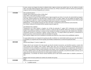 la mano, sacaran una imagen de animal y la deberán imitar, algunas acciones que pueden hacer son: dar vueltas en el patio,
saltar, traer algún objeto designado, bailar al ritmo de la música, etc. Al final, se premiará a todos los alumnos que participaron
y lograron hacer las acciones designadas por la maestra.
17/01/2025 Libro equidad de género:
Capitulo ¿Qué se piensa de las niñas y d ellos niños?
Tema: Niñas y niños podemos jugar a lo mismo.
Brindar un espacio en lo que los niños puedan explorar algunos juguetes que están en la escuela, dar oportunidad que jueguen
entre ellos, después pedirles que cada Nilo elija un juguete y lo lleve a su lugar, indagar ¿Por qué elegiste ese juguete? ¿Qué
fue lo que llamo tu atención? ¿Te gusta el juguete que elijo tal niña o tal niño? Creen que los juguetes son para todos por igual
o hay algunos específicos para niñas o niños. Brindar espacio para compartir sus respuestas.
Reflexionamos… no hay juguetes exclusivos de niños ni de niñas, si compartimos juntos tendremos mucha diversión.
Para finalizar realizamos la actividad del libro equidad de género pagina 16.
LOS ANIMALES DE LA GRANJA
Trabajaremos con el libro explorar e imaginar con mi libro de preescolar 2ª, pagina 18-19, iniciaremos con la actividad
preguntando si alguna vez alguien ha visitado un granja y si sabe que tipo de animales existen hay, escuchar sus respuestas y
registrar, posteriormente mencionar si conocen en que consisten los trabajos en la granja acerca del cuidado de los animalitos,
nuevamente escuchar sus respuestas y registrar, mostrar el libro de 2ª en parejas solicitar que observen y comentemos en
grupos lo que hay y como las personas cuidan los animalitos de la granja.
Para continuar indagar acerca de la cantidades de animalitos que observan y hacer dentro de las posibilidades registros.
En grupo elaboraremos una maqueta de la granja para ello se solicitará con anterioridad materia para que cada niño elabore
un animalito y se conjunten para formar la granja, para finalizar visualizaremos un cuento de la granja de Zenón.
20/01/2025
Inglés:
Hand by hand, Bloque 5ª, lección 4, página 115.
Indagar sobre lo que recuerdan de la clase pasada, que tipo de animales reconocimos, que beneficios aportan a nuestra vida
estos animales como la gallina, cerdo, cordero, caballo, cabra, pato, vaca, escuchar sus respuestas y retroalimentar las con
comentarios de otros compañeros y la docente, para continuar mencionar que realizaremos un experimento, descubriremos
como de la vaca podemos obtener muchos alimentos como (queso, crema, mantequilla, dulce de leche) proponer e invitar a
los niños a elaborar queso, para ello la docente deberá tener previstos los materiales y de preferencia deben comenzar con el
cuajo antes de esta clase para tenerlo listo y los niños puedan visualizar el proceso.
Reflexionemos… los animales nos ofrecen muchos beneficios para la vida humana nuestro deber es cuidarlos y preservar su
vida.
Alfabeto móvil, formamos palabras de nombres de animales de la granja.
21/01/2025
Inglés:
Repaso con juegos de la lección 4.
 La palabra secreta.
 