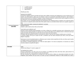  La palabra secreta.
 El atrapa palabras
 Sopa de letras.
Filosofía para niños
ANIMALES DEL DESIERTO
Previamente indagarlos sobre los animales que hemos visto y hábitat, mencionar que trabajaremos con otro contexto que es el
desierto, para ello pregunta ¿saben que es le desierto? ¿Cuál es la característica primordial del desierto? ¿Qué animales y
plantas encontraremos en el desierto? Visualizar el video animales del desierto, posteriormente quiero preguntar qué fue lo
que observaron y que otros animales descubrieron que bien en el desierto.
Salir la patio y con sus 2 animalitos del desierto que previamente se les solicitaron buscar un espacio y con un poco de arena y
aserrín formar un pequeño deserto donde ellos niños podrán colocar sus animalitos donde mayor sea su agrado y jugarán un
rato.
TAREA: INVESTIGAR SOBRE 2 ANIMALITOS SERPIENTE Y ALACRAN
Vivamos la Experiencia
24/01/2025
Igualdad de género:
Capítulo 2 ¿Qué se piensa de las niñas y de los niños?
¿Hay colores que no debemos usar?
Iniciamos nuestra actividad proporcionándoles a los niños un dibujo de un animalito mencionar que lo colorearemos con los
colores que sean nuestros favoritos sin importar que no sean los adecuados lo que si debemos hacer es esforzarnos para que
quede muy bonito. Dar libertad para que los niños usen los colores que más les gustan.
Al finalizar cada niño expondrá su pintura y mencionara los colores o color que uso y porque considera que es su favorito.
La docente indagara ¿Por qué no usaste tal color? ¿consideran que hay colores exclusivos para niños y otros para niñas?
Registrar respuestas.
Adentrarnos la tema de equidad de género y reflexionar que no existen colores específicos de niños y de niñas y que le usarlos
no modifica nuestros comportamientos y actitudes.
Para finalizar la actividad trabajaremos con el libro de apoyo pagina 17, de tarea se preguntará a 10 personas sus colores
favoritos y elaborar una gráfica de registro.
27/01/2025 Inglés:
Hand by hand, Bloque 5ª, lección 6, página 117
LOS ANIMALES DE LA SELVA
Iniciamos preguntando a los niños acerca de los animales y sus habitad que hemos visto hasta ahora ¿Qué animal te ha
gustado más y por qué? ¿Cuál consideras ha sido más interesante?
Hay que mencionar que trabajaremos los animales de la selva para ello se solicita con anterioridad animalitos de la selva,
indagamos ¿Qué animales crees que viven en la selva? ¿de qué se alimentarán? Observar el video animales de la selva y
 