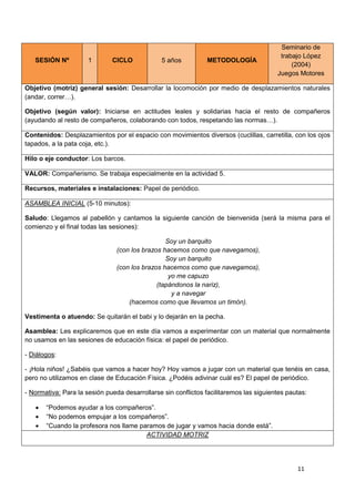 11
SESIÓN Nº 1 CICLO 5 años METODOLOGÍA
Seminario de
trabajo López
(2004)
Juegos Motores
Objetivo (motriz) general sesión:...