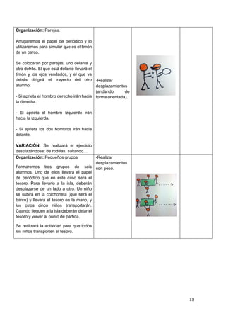 13
Organización: Parejas.
Arrugaremos el papel de periódico y lo
utilizaremos para simular que es el timón
de un barco.
Se colocarán por parejas, uno delante y
otro detrás. El que está delante llevará el
timón y los ojos vendados, y el que va
detrás dirigirá el trayecto del otro
alumno:
- Si aprieta el hombro derecho irán hacia
la derecha.
- Si aprieta el hombro izquierdo irán
hacia la izquierda.
- Si aprieta los dos hombros irán hacia
delante.
VARIACIÓN: Se realizará el ejercicio
desplazándose: de rodillas, saltando…
-Realizar
desplazamientos
(andando de
forma orientada).
Organización: Pequeños grupos
Formaremos tres grupos de seis
alumnos. Uno de ellos llevará el papel
de periódico que en este caso será el
tesoro. Para llevarlo a la isla, deberán
desplazarse de un lado a otro. Un niño
se subirá en la colchoneta (que será el
barco) y llevará el tesoro en la mano, y
los otros cinco niños transportarán.
Cuando lleguen a la isla deberán dejar el
tesoro y volver al punto de partida.
Se realizará la actividad para que todos
los niños transporten el tesoro.
-Realizar
desplazamientos
con peso.
 