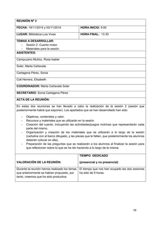 58
REUNIÓN Nº 3
FECHA: 19/11/2014 y 03/11/2014 HORA INICIO: 9:00
LUGAR: Biblioteca Luis Vives HORA FINAL: 13.30
TEMAS A DE...