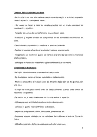 8
Criterios de Evaluación Específicos
- Producir la forma más adecuada de desplazamientos según la actividad propuesta:
ca...