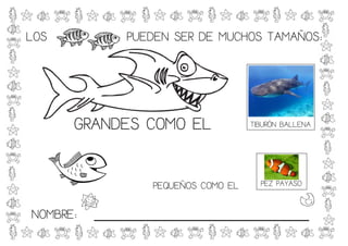 LOS           PUEDEN SER DE MUCHOS TAMAÑOS:




      GRANDES COMO EL                TIBURÓN BALLENA




                  PEQUEÑOS COMO EL     PEZ PAYASO


NOMBRE:   _____________________________
 