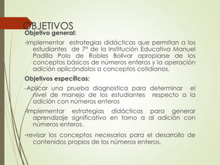 OBJETIVOS

Objetivo general:

-implementar estrategias didácticas que permitan a los
estudiantes de 7° de la Institución Educativa Manuel
Padilla Polo de Robles Bolívar apropiarse de los
conceptos básicos de números enteros y la operación
adición aplicándolos a conceptos cotidianos.
Objetivos específicos:
-Aplicar una prueba diagnostica para determinar el
nivel de manejo de los estudiantes respecto a la
adición con números enteros

-Implementar estrategias didácticas para generar
aprendizaje significativo en torno a al adición con
números enteros.

-revisar los conceptos necesarios para el desarrollo de
contenidos propios de los números enteros.

 