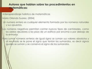 Autores que hablan sobre los procedimientos en
matemáticas:
-Interaprendizaje holístico de matemáticas
Mario Orlando Suarez, (2004)
Un numero entero es cualquier elemento formado por los números naturales
y sus opuestos.

Los números negativos permiten contar nuevos tipos de cantidades, como
los saldos deudores o los pisos de un edificio por encima o por debajo de
la entrada.
Para sumar números enteros de igual signo se suman sus valores absolutos y
al resultado se le pone el signo que tenían los sumandos, es decir signos
iguales se suman y se conserva el signo de los sumandos.

 