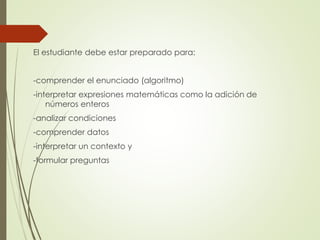 El estudiante debe estar preparado para:
-comprender el enunciado (algoritmo)
-interpretar expresiones matemáticas como la adición de
números enteros

-analizar condiciones
-comprender datos
-interpretar un contexto y
-formular preguntas

 