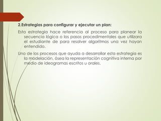 2.Estrategias para configurar y ejecutar un plan:
Esta estrategia hace referencia al proceso para planear la
secuencia lógica o los pasos procedimentales que utilizara
el estudiante de para resolver algoritmos una vez hayan
entendido.
Uno de los procesos que ayuda a desarrollar esta estrategia es
la modelación, ósea la representación cognitiva interna por
medio de ideogramas escritos u orales.

 