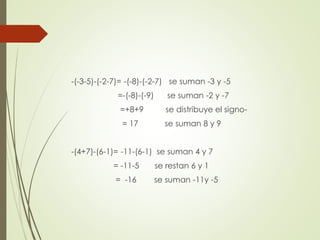-(-3-5)-(-2-7)= -(-8)-(-2-7) se suman -3 y -5
=-(-8)-(-9)

se suman -2 y -7

=+8+9

se distribuye el signo-

= 17

se suman 8 y 9

-(4+7)-(6-1)= -11-(6-1) se suman 4 y 7

= -11-5

se restan 6 y 1

= -16

se suman -11y -5

 