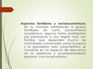 Aspectos familiares y socioeconómicos:
en su mayoría pertenecen a grupos
familiares
de
corto
conocimiento
académico, algunos hasta analfabetas
por pertenecer a una región rural, son
familias que dependen mucho de
actividades comerciales como la pesca
y la ganadería; esta característica se
convierte en un aspecto de relevancia
en la asistencia y acompañamiento
personal con los estudiantes.

 