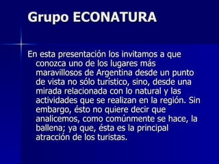 Grupo ECONATURA En esta presentación los invitamos a que conozca uno de los lugares más maravillosos de Argentina desde un punto de vista no sólo turístico, sino, desde una mirada relacionada con lo natural y las actividades que se realizan en la región. Sin embargo, ésto no quiere decir que analicemos, como comúnmente se hace, la ballena; ya que, ésta es la principal atracción de los turistas.  