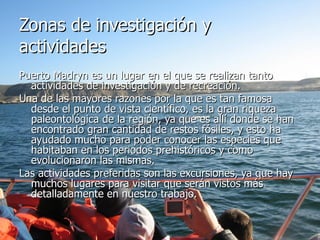 Zonas de investigación y actividades Puerto Madryn es un lugar en el que se realizan tanto actividades de investigación y de recreación.  Una de las mayores razones por la que es tan famosa desde el punto de vista científico, es la gran riqueza paleontológica de la región, ya que es allí donde se han encontrado gran cantidad de restos fósiles, y esto ha ayudado mucho para poder conocer las especies que habitaban en los periodos prehistóricos y como evolucionaron las mismas. Las actividades preferidas son las excursiones, ya que hay muchos lugares para visitar que serán vistos más detalladamente en nuestro trabajo.  