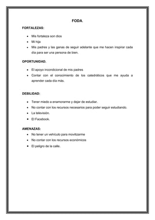 FODA.
FORTALEZAS:
Mis fortaleza son dios
Mi hija
Mis padres y las ganas de seguir adelante que me hacen inspirar cada
día para ser una persona de bien.
OPORTUNIDAD.
El apoyo incondicional de mis padres
Contar con el conocimiento de los catedráticos que me ayuda a
aprender cada día más.
DEBILIDAD:
Tener miedo a enamorarme y dejar de estudiar.
No contar con los recursos necesarios para poder seguir estudiando.
La televisión.
El Facebook.
AMENAZAS:
No tener un vehículo para movilizarme
No contar con los recursos económicos
El peligro de la calle.
 