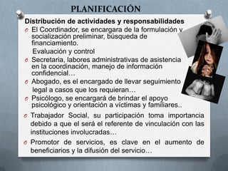 PLANIFICACIÓN
Distribución de actividades y responsabilidades
O El Coordinador, se encargara de la formulación y
socialización preliminar, búsqueda de
financiamiento.
Evaluación y control
O Secretaria, labores administrativas de asistencia
en la coordinación, manejo de información
confidencial…
O Abogado, es el encargado de llevar seguimiento
legal a casos que los requieran…
O Psicólogo, se encargará de brindar el apoyo
psicológico y orientación a víctimas y familiares..
O Trabajador Social, su participación toma importancia
debido a que el será el referente de vinculación con las
instituciones involucradas…
O Promotor de servicios, es clave en el aumento de
beneficiarios y la difusión del servicio…
 