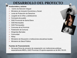 DESARROLLO DEL PROYECTO
Involucrados y actores
O Centro de Atención Integral
O Ministerio de Inclusión Económica y Social
O Junta de Protección de Derechos
O Juzgado de la niñez y adolescencia
O Comisaria de pueblo
O GAD Provincial de Santa Elena
O GAD Municipales
O GAD Parroquiales
O Comunas de la Provincia
O Federación de Comuna
O Dirigentes Barriales
O Comunidad
O Niñez
O Ministerio de Educación e instituciones educativas locales
O Ministerio de Salud Pública
Fuentes de Financiamiento
O Se busca firma de convenio de cooperación con instituciones públicas;
especialmente MIES y GAD Provincial, El aporte esperado es de $42,150.00.
 