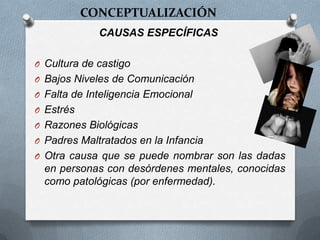 CONCEPTUALIZACIÓN
CAUSAS ESPECÍFICAS
O Cultura de castigo
O Bajos Niveles de Comunicación
O Falta de Inteligencia Emocional
O Estrés
O Razones Biológicas
O Padres Maltratados en la Infancia
O Otra causa que se puede nombrar son las dadas
en personas con desórdenes mentales, conocidas
como patológicas (por enfermedad).
 