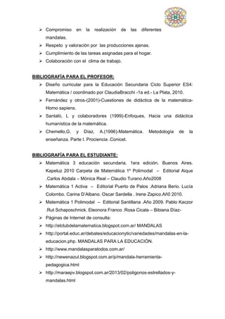  Compromiso en la realización de las diferentes
mandalas.
 Respeto y valoración por las producciones ajenas.
 Cumplimiento de las tareas asignadas para el hogar.
 Colaboración con el clima de trabajo.
BIBLIOGRAFÍA PARA EL PROFESOR:
 Diseño curricular para la Educación Secundaria Ciclo Superior ES4:
Matemática / coordinado por ClaudiaBracchi -1a ed.- La Plata, 2010.
 Fernández y otros-(2001)-Cuestiones de didáctica de la matemática-
Homo sapiens.
 Santaló, L y colaboradores (1999)-Enfoques, Hacia una didáctica
humanística de la matemática.
 Chemello,G. y Díaz, A.(1996)-Matemática. Metodología de la
enseñanza. Parte I. Prociencia .Conicet.
BIBLIOGRAFÍA PARA EL ESTUDIANTE:
 Matemática 3 educación secundaria. 1era edición. Buenos Aires.
Kapeluz 2010 Carpeta de Matemática 1º Polimodal – Editorial Aique
.Carlos Abdala – Mónica Real – Claudio Turano.Año2008
 Matemática 1 Activa – Editorial Puerto de Palos .Adriana Berio. Lucía
Colombo. Carina D’Albano. Oscar Sardella . Irene Zapico.Añ0 2010.
 Matemática 1 Polimodal – Editorial Santillana .Año 2009. Pablo Kaczor
.Rut Schaposchnick. Eleonora Franco .Rosa Cicala – Bibiana Díaz-
 Páginas de Internet de consulta:
 http://elclubdelamatematica.blogspot.com.ar/ MANDALAS
 http://portal.educ.ar/debates/educacionytic/variedades/mandalas-en-la-
educacion.php. MANDALAS PARA LA EDUCACIÓN.
 http://www.mandalasparatodos.com.ar/
 http://newenazul.blogspot.com.ar/p/mandala-herramienta-
pedagogica.html
 http://maraepv.blogspot.com.ar/2013/02/poligonos-estrellados-y-
mandalas.html
 