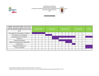 UNIVERSIDAD DE PAMPLONA
                                                                                          COMPUTADORES PARA EDUCAR
                                                                   ESTRATEGIA DE FORMACIÓN Y ACCESO PARA LA APROPIACIÓN PEDAGÓGICA DE LAS TIC
                                                                                         PROYECTO PEDAGÓGICO CON TIC
                                                                                                     2012




                                                                                                       CRONOGRAMA




1 Según Esquema de Ordenamiento Territorial, año 2002. Nombre de archivo: Fin Rural Parte 4.)
2 Información tomada de la página institucional del municipio de Cucutilla en: http://www.cucutilla-nortedesantander.gov.co/nuestromunicipio.shtml?apc=m-t1--&m=f
 