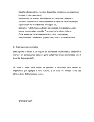 Español: elaboración de reportes, de cuentos, narraciones, descripciones,
      lecturas, coplas, poemas etc
      Matemáticas, de acuerdo a los objetivos educativos de cada grado.
      Sociales: características históricas del sitio a través de líneas del tiempo,
      organización del departamento, municipio, etc.
      Naturales: Todo lo relacionado con los procesos de la descomposición
      natural y provocada o inducida. Promoción de la salud e higiene.
      Ética: Valoración de la importancia de convivir colaborativa y
      armónicamente con el medio que le rodea y realiza su vida cotidiana.




3. Organizadores anticipados

Este aspecto se refiere a un conjunto de actividades encaminadas a despertar el
interés y en consecuencia actitudes para realizar las tareas relacionadas con el
tema: La descomposición.




Se invita a visitar sitios donde se presente el fenómeno para valorar su
importancia, por ejemplo a nivel natural, a un nivel de impacto social los
contenedores de los residuos sólidos.




      CRONOGRAMA
 