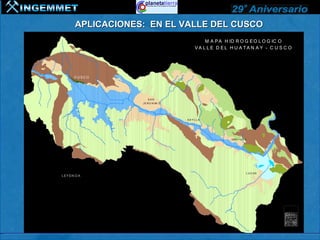 APLICACIONES: EN EL VALLE DEL CUSCO
                                                                                                             M A P A H ID R O G E O L O G IC O
                                                                                                         VA L L E D EL H U A TA N A Y - C U S C O




                        CUSCO

                               Y
                               #

                                                                    SAN
                                                                 J E R O N IM O
                                                                      Y
                                                                      #




                                                                                  R
                                                                                  .
                                                                                      Hu
                                                                                         a
                                                                                             ta
                                                                                                  n a SAYLLA
                                                                                                     y


                                                                                                         Y
                                                                                                         #


                                                                                                                        OR O PE SA

                                                                                                                              Y
                                                                                                                              #




                                                                                                                                  L UC RE
          L EY EN D A                                                                                                                       Y
                                                                                                                                            #
A c u i fu g o
D e p ó s it o l a g u n a r
A c u it a rd o
A c u ífe r o fi s u r a d o i n t r u s iv o d i o r ít i c o
                                                                                                                                                N
A c u ífe r o fi s u r a d o v o l c a n i c o
A c u ífe r o fi s u r a d o v o l c a n i c o s e d .
A c u ífe r o p o r o s o fi s u r a d o
A c u ífe r o p o r o s o n o c o n s o l id a d o

Lagu nas


R ío s p r i n c i p a l e s
 