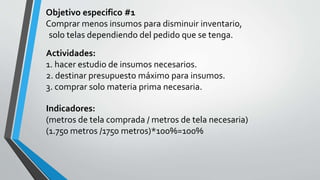 Objetivo especifico #1 
Comprar menos insumos para disminuir inventario, 
solo telas dependiendo del pedido que se tenga. 
Actividades: 
1. hacer estudio de insumos necesarios. 
2. destinar presupuesto máximo para insumos. 
3. comprar solo materia prima necesaria. 
Indicadores: 
(metros de tela comprada / metros de tela necesaria) 
(1.750 metros /1750 metros)*100%=100% 
 