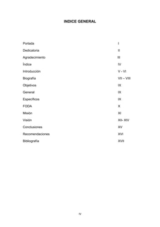 IV
INDICE GENERAL
Portada I
Dedicatoria II
Agradecimiento III
Índice IV
Introducción V - VI
Biografía VII – VIII
Objetivos IX
General IX
Específicos IX
FODA X
Misión XI
Visión XII- XIV
Conclusiones XV
Recomendaciones XVI
Bibliografía XVII
 