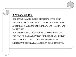 A TRAVÉS DE:
OBSERVAR IMÁGENES DE DISTINTAS AVES PARA
EXTRAER LAS CARACTERÍSTICAS PROPIAS DE DICHOS
ANIMALES Y LUEGO COMPARARLAS CON LAS DE LAS
MARIPOSAS.
BUSCAR INFORMACIÓN SOBRE CARACTERÍSTICAS
PROPIAS DE LAS AVES Y LOS INSECTOS PARA LUEGO
REALIZAR UN CUADRO COMPARATIVO ENTRE LOS
MISMOS Y UBICAR A LA MARIPOSA COMO INSECTO.
 
