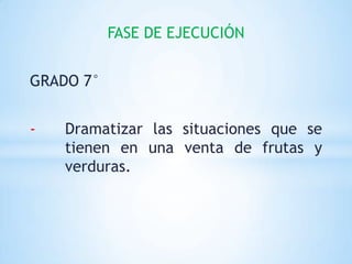 FASE DE EJECUCIÓN


GRADO 7°


-   Dramatizar las situaciones que se
    tienen en una venta de frutas y
    verduras.
 