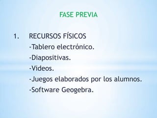 FASE PREVIA


1.   RECURSOS FÍSICOS
     -Tablero electrónico.
     -Diapositivas.
     -Videos.
     -Juegos elaborados por los alumnos.
     -Software Geogebra.
 