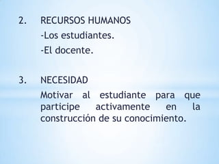 2.   RECURSOS HUMANOS
     -Los estudiantes.
     -El docente.


3.   NECESIDAD
     Motivar al estudiante para que
     participe   activamente    en    la
     construcción de su conocimiento.
 