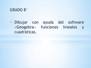 GRADO 8°


-   Dibujar con ayuda del software
    «Geogebra» funciones lineales y
    cuadráticas.
 