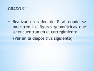 GRADO 9°


-   Realizar un video de Pital donde se
    muestren las figuras geométricas que
    se encuentran en el corregimiento.
    (Ver en la diapositiva siguiente)
 