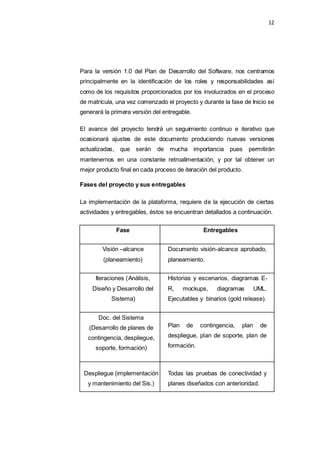 12
Para la versión 1.0 del Plan de Desarrollo del Software, nos centramos
principalmente en la identificación de los roles y responsabilidades así
como de los requisitos proporcionados por los involucrados en el proceso
de matrícula, una vez comenzado el proyecto y durante la fase de Inicio se
generará la primera versión del entregable.
El avance del proyecto tendrá un seguimiento continuo e iterativo que
ocasionará ajustes de este documento produciendo nuevas versiones
actualizadas, que serán de mucha importancia pues permitirán
mantenernos en una constante retroalimentación, y por tal obtener un
mejor producto final en cada proceso de iteración del producto.
Fases del proyecto y sus entregables
La implementación de la plataforma, requiere de la ejecución de ciertas
actividades y entregables, éstos se encuentran detallados a continuación.
Fase Entregables
Visión –alcance
(planeamiento)
Documento visión-alcance aprobado,
planeamiento.
Iteraciones (Análisis,
Diseño y Desarrollo del
Sistema)
Historias y escenarios, diagramas E-
R, mockups, diagramas UML.
Ejecutables y binarios (gold release).
Doc. del Sistema
(Desarrollo de planes de
contingencia, despliegue,
soporte, formación)
Plan de contingencia, plan de
despliegue, plan de soporte, plan de
formación.
Despliegue (implementación
y mantenimiento del Sis.)
Todas las pruebas de conectividad y
planes diseñados con anterioridad.
 