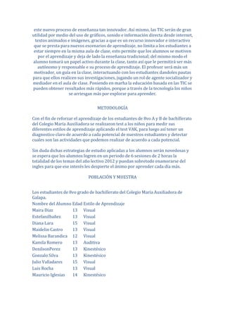 este nuevo proceso de enseñanza tan innovador. Así mismo, las TIC serán de gran
utilidad por medio del uso de gráficos, sonido e información directa desde internet,
  textos animados e imágenes, gracias a que es un recurso innovador e interactivo
 que se presta para nuevos escenarios de aprendizaje, no limita a los estudiantes a
 estar siempre en la misma aula de clase, esto permite que los alumnos se motiven
    por el aprendizaje y deja de lado la enseñanza tradicional; del mismo modo el
alumno tomará un papel activo durante la clase, tanto así que le permitirá ser más
   autónomo y responsable e su proceso de aprendizaje. El profesor será más un
 motivador, un guía en la clase, interactuando con los estudiantes dandoles pautas
para que ellos realicen sus investigaciones, jugando un rol de agente socializador y
mediador en el aula de clase. Poniendo en marha la educación basada en las TIC se
pueden obtener resultados más rápidos, porque a través de la tecnología los niños
                    se arriesgan más por explorar para aprender.


                                  METODOLOGÍA

Con el fin de reforzar el aprendizaje de los estudiantes de 8vo A y B de bachillerato
del Colegio María Auxiliadora se realizaron test a los niños para medir sus
diferentes estilos de aprendizaje aplicando el test VAK, para luego así tener un
diagnostico claro de acuerdo a cada potencial de nuestros estudiantes y detectar
cuales son las actividades que podemos realizar de acuerdo a cada potencial.

Sin duda dichas estrategias de estudio aplicadas a los alumnos serán novedosas y
se espera que los alumnos logren en un periodo de 6 sesiones de 2 horas la
totalidad de los temas del año lectivo 2012 y puedan sobretodo enamorarse del
ingles para que ese interés les despierte el ánimo por aprender cada día más.

                              POBLACIÓN Y MUESTRA


Los estudiantes de 8vo grado de bachillerato del Colegio María Auxiliadora de
Galapa.
Nombre del Alumno Edad Estilo de Aprendizaje
Maira Diaz          13 Visual
EstefaniIbañez      13 Visual
Diana Lara          15 Visual
Maidelin Castro     13 Visual
Melissa Barandica 12 Visual
Kamila Romero       13 Auditiva
DenilsonPerez       13 Kinestésico
Gonzalo Silva       13 Kinestésico
Julio Valladares    15 Visual
Luis Rocha          13 Visual
Mauricio Iglesias   14 Kinestésico
 