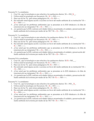21
Encuesta N: 2 a estudiantes
1. Cree Ud., que la tecnología es una solución a los quehaceres diarios: SI----NO_X__.
2. Utiliza usted la tecnología con frecuencia: SI-- X-----NO-------.
3. Hace uso de las Tic para temas pedagógicos SI----X--NO-----
4. Ha realizado usted alguna acción o acciones en favor del medio ambiente de su institución? SI---
X-----NO-------.
5. ¿Cree usted que los problemas ambientales que se presentan en la IED obedecen a la falta de
conciencia de sus integrantes? SI----X---- NO-------.
6. ¿Le gustaría que la IED, realizara actividades lúdicas encaminadas al cuidado y preservación del
medio ambiente de la misma por medio de las TIC? SI----X--- NO------.
Encuesta N: 3 a estudiantes
1. Cree Ud., que la tecnología es una solución a los quehaceres diarios: SI--X--NO___.
2. Utiliza usted la tecnología con frecuencia: SI---X----NO-------.
3. Hace uso de las Tic para temas pedagógicos SI---X---NO-----
4. Ha realizado usted alguna acción o acciones en favor del medio ambiente de su institución? SI---
X-----NO-------.
5. ¿Cree usted que los problemas ambientales que se presentan en la IED obedecen a la falta de
conciencia de sus integrantes? SI-----X--- NO-------.
6. ¿Le gustaría que la IED, realizara actividades lúdicas encaminadas al cuidado y preservación del
medio ambiente de la misma por medio de las TIC? SI----X--- NO------.
Encuesta N:4 a estudiantes
1. Cree Ud., que la tecnología es una solución a los quehaceres diarios: SI-X---NO___.
2. Utiliza usted la tecnología con frecuencia: SI--X-----NO-------.
3. Hace uso de las Tic para temas pedagógicos SI--X----NO-----
4. Ha realizado usted alguna acción o acciones en favor del medio ambiente de su institución? SI---
-X----NO-------.
5. ¿Cree usted que los problemas ambientales que se presentan en la IED obedecen a la falta de
conciencia de sus integrantes? SI---X----- NO-------.
6. ¿Le gustaría que la IED, realizara actividades lúdicas encaminadas al cuidado y preservación del
medio ambiente de la misma por medio de las TIC? SI--X----- NO------.
Encuesta N. 5 a estudiantes
1. Cree Ud., que la tecnología es una solución a los quehaceres diarios: SI----NO__X_.
2. Utiliza usted la tecnología con frecuencia: SI---X----NO-------.
3. Hace uso de las Tic para temas pedagógicos SI---X---NO-----
4. Ha realizado usted alguna acción o acciones en favor del medio ambiente de su institución? SI---
X-----NO-------.
5. ¿Cree usted que los problemas ambientales que se presentan en la IED obedecen a la falta de
conciencia de sus integrantes? SI---X----- NO-------.
6. ¿Le gustaría que la IED, realizara actividades lúdicas encaminadas al cuidado y preservación del
medio ambiente de la misma por medio de las TIC? SI---X---- NO------.
 