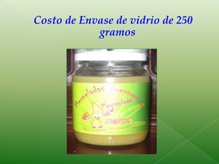 Materia Prima Directa						18.50Penco en litros100 lts. x 0.10	c/u         	 10.00		Sangurachi10 lts. x 0.05 c/u		               0.50				Maicena3000 gramos			  8.00 Mano de Obra Directa			   			   8.00Obrero			               8.00 Costos Indirectos de Fabricación			              33.00Materiales y Suministros			    29.00Envases 100 x 0.25 c/u		25.00Etiqueta				  3.00Sello de Seguridad  1.00Costos Indirectos de Fábrica		                   4.00Gas				  1.00Luz Eléctrica			  1.00Agua				  1.00Teléfono				  1.00(=)COSTO DE PRODUCCIÓN			SUMAN   $	59.50