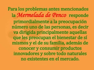 Para los problemas antes mencionados la Mermelada de Penco responde primordialmente a la preocupación número uno de las personas, es decir va dirigida principalmente aquellas que les preocupan el bienestar de sí mismos y el de su familia, además de conocer y consumir productos innovadores y sobre todo naturales no existentes en el mercado.