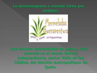 La microempresa a crearse tiene por nombre: que elabora mermeladas de penco, está ubicada en el barrio Obrero independiente, sector Valle de los Chillos, del distrito metropolitano de Quito.