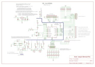RESET
+LED
VSS
VDD
VEE
RS
RW
E
D0
D1
D2
D3
D4
D5
D6
D7
LCD 2X16
RA0
RA2
RB0
RB1
>=9 Vcc
Pull Up RB3.
Evita se reinicia
tocar patilla RB3
MCLR-RESET
MCLR-RESET
ALIMENTACIÓN +/- 9V DC
Aquí se conectarían los pulsadores
de la Zona 1 a la Zona 3 para activar la alarma
masa COMÚN pulsadores Zonas 1 a 3
Aquí se conectaría la línea de Telfno
Buzzer1; para activar pitido al pulsar tecla
Buzzer2; para activar SIRENA de la alarma
680 Ohm/1W
conexion línea teléfono
obligatorioponerapull-upRA4/tockobligatorioponerapull-upRA4/tock
parapoderverenlaLCD
1
2
3
4
A
B
C
D
Conexión del Teclado 4 x 4
Estas resistencias deben ser de 220 Ohm
Los LEDS se pueden conectar en
el exterior de la placa. Pero para simulación
los tengo también en la misma placa
MI_ALARMAAlarma con llamada telefónica. Teclado 4x4 y LCD 2x16
Se pueden programar los tiempos de entrada y salida
clave inicial "1-2-3-4-5-6" Realizada: Oct/Nov 2012
;Cuando se conecta la alarma, y si se pulsa la "Tecla B" en los
;primeros 4 segs SE PUEDEN CONFIGURAR :
;-. Los Tiempos de Salida y Entrada de 1 a 10 minutos.
(en principio está configurado a 5' la entrada y salida)
;-. Y el Teléfono a llamar en caso de activación de la alarma
; (Sólo se permite la lectura de los números del teclado.)
;A continuación nos pide la clave para poner operativa el sistema.
;Se permiten como máximo 3 fallos. Caso contrario; Activación de sirena y el teléfono
; Para meter la clave se permiten números, letras y símbolos
;-. La "Tecla A" ---Permite la activación directa de la alarma
;-. La "Tecla B" ---Permite la Configuración (tiempos entrada-salida+telefno.)
;-. La "Tecla C" ---Permite Cambiar la clave ("Acepta números,letras y signos)
;-. La "Tecla D" ---Permite Desconectar,pero pedirá validar Clave.
los transistores son NPN BC 337-25 (Dan 500 mA y Pot >800 mW)
NOTA: Aunque en el esquema esté puesto el modelo BC 548A (NPN)
Lo hago así por tener su PACKAGE en línea en lugar de forma de triangulo
El (+) y (-)_TELEFONO son
los 2 cables del medio del cable del teléfono
PIC16876P
7805
330
220 uF 220 uF
GND
+5V
+12V
4MHZ
22pF22pF
330
330
220
220
220
330
GND
10010K+5V
GND
470 k
+5V
GND
GND
+5V
GND
+5V
10k
10K
10K+5V
AL60PAL60P
BC548ABC548A
ZNS5106
GND
GND
+12V220
220
220
+5V
GND
GND GND
330
330
+5V
+5V
BC548A
1N4004 1N4004
1N40041N4004
1uF/100V
GND
1N4004
+5V
GND
560
+5V
10K
10K
10K
10K
4K7
4K7
4K7
4K7
+5V
MCLR/THV
1
RA0/AN0
2
RA1/AN1
3
RA2/AN2
4
RA3/AN3
5
RA4/T0CKI
6
RA5/AN4
7
OSC1/CLKIN
9
OSC2/CLKOUT
10
RC0/T1OSO
11
RC1/T1OSI
12
RC2/CCP1
13
RC3/SCK
14
SDI/RC4
15
SDO/RC5
16
RC6
17
RC7
18
8
20
INT/RB0
21
RB1
22
RB2
23
PGM/RB3
24
RB4
25
RB5
26
PGC/RB6
27
PGD/RB7
28
19
IC1
VDD
VSS
1
2
3
4
5
6
7
8
9
10
11
12
13
14
15
16
JP1
3 1
24
S1
IC2
GND
IN OUT
LED1
R1
C1 C2
Q1
C3C4
LED2
LED3
LED4
LED5
LED6
LED7
R2
R3
R4
R5
R6
R7
R9R10
C5
1
2
3
4
5
6
7
8
JP3
R13
R14
R18
2 1
SP1
2 1
SP2
Q2Q3
A2A1
K1
12 14
11
K1
X2-1
X2-2
X2-3
X2-4
X2-5
X2-6
X2-7
X2-8
X2-9
X2-10
R11
R12
R16
R8
R17
Q4
D2 D3
D4D5
C6
D1
R19
1
2
3
4
5
6
7
8
JP2
R15
R20
R21
R22
R23
R24
R25
R26
+5V
RA0
RB3
RB3
RB0
RB1
RA1
RA1
RA2
RA3
RA3
RA4
RA4
RA4
LSIRENA
LSIRENA
LSIRENA
LZONA_1
LZONA_1
LZONA_1
LZONA_2
LZONA_2
LZONA_2
LZONA_3
LZONA_3
LZONA_3
LACTIVADA
LACTIVADA
COL_1
COL_1
COL_2
COL_2
COL_3
COL_3
COL_4
COL_4
FILA_A
FILA_A
FILA_B
FILA_B
FILA_C
FILA_C
FILA_D
FILA_D
SALIDA_BUZZER_1
SALIDA_BUZZER_1
SALIDA_BUZZER_2
SALIDA_BUZZER_2
--_TELFNO
--_TELFNO
LBUZZER
LBUZZER
LBUZZER
+_TELFNO
+_TELFNO
Autor: Joaquín Berrocal Piris
+
+
+
In 0
I/O 0
I/O 0
I/O 0
I/O 0
I/O 0
I/O 0
In 0
Out 0
I/O 0
I/O 0
I/O 0
I/O 0
I/O 0
I/O 0
I/O 0
I/O 0
Pwr0
Pwr0
I/O 0
I/O 0
I/O 0
I/O 0
I/O 0
I/O 0
I/O 0
I/O 0
Pwr0
Pas0
Pas0
Pas0
Pas0
Pas0
Pas0
Pas0
Pas0
Pas0
Pas0
Pas0
Pas0
Pas0
Pas0
Pas0
Pas0
Pas 2 Pas 1
Pas 1Pas 2
In 0
In0
Pas 0
Pas0Pas0Pas1Pas1
Pas0Pas0
Pas0Pas0
Sup0
Sup0
Sup0
Pas1Pas112
Pas 1 Pas 1
Pas 1 Pas 1
Pas0Pas0
Pas0Pas0
Pas0Pas0
Pas0Pas0
Pas0Pas0
Pas0Pas0
Pas1Pas1
Pas1Pas1
Pas1Pas1
Pas1Pas1
Pas1Pas1
Pas1Pas1
Sup0
Pas1Pas1Pas1Pas1Sup0
Sup0
Sup0
Pas1Pas1
Sup0
Sup0
Sup0
Sup0
Pas0
Pas0
Pas0
Pas0
Pas0
Pas0
Pas0
Pas0
Sup0Sup0
Pas1Pas1
Pas1Pas1
Pas1Pas1Sup0
Pas 0 Pas 0Pas 0 Pas 0
Pas 1
Pas3Pas2
Pas 1
Pas3Pas2
Pas0Pas0
Pas 0 Pas 0
Pas0
Pas 0
Pas 0
Pas 0
Pas 0
Pas 0
Pas 0
Pas 0
Pas 0
Pas 0
Pas 0
Sup0Sup0
Sup0
Pas1Pas1
Pas1Pas1
Pas1Pas1
Sup0
Sup0
Sup0
Sup0
Pas1Pas1
Pas1Pas1
Sup0
Sup0
Pas 1
Pas3Pas2
Pas 0Pas 0 Pas 0Pas 0
Pas 0Pas 0Pas 0Pas 0
Pas0Pas0
Sup0
Pas0Pas0Sup0
Sup0
Pas 1Pas 1
Sup0
Pas 0
Pas 0
Pas 0
Pas 0
Pas 0
Pas 0
Pas 0
Pas 0
Pas1Pas1
Pas1Pas1
Pas1Pas1
Pas1Pas1
Pas1Pas1
Pas1Pas1
Pas1Pas1
Pas1Pas1
Sup0
 