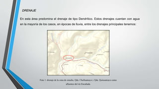 DRENAJE
En esta área predomina el drenaje de tipo Dendrítico. Estos drenajes cuentan con agua
en la mayoría de los casos, en épocas de lluvia, entre los drenajes principales tenemos:
 