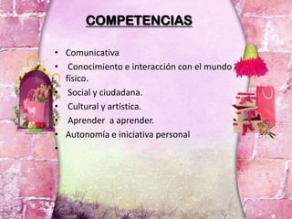 • Comunicativa
• Conocimiento e interacción con el mundo
físico.
• Social y ciudadana.
• Cultural y artística.
• Aprender a aprender.
• Autonomía e iniciativa personal
•
COMPETENCIAS
 