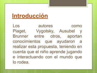 Introducción

Los     autores    como     Piaget,
Vygotsky, Ausubel y Brunner entre
otros, aportan conocimientos que
ayudaron a realizar esta propuesta,
teniendo en cuenta que el niño
aprende jugando e interactuando
con el mundo que lo rodea.
 