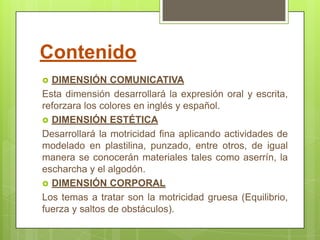 Contenido
 DIMENSIÓN COMUNICATIVA
Esta dimensión desarrollará la expresión oral y
escrita, reforzara los colores en inglés y español.
 DIMENSIÓN ESTÉTICA
Desarrollará la motricidad fina aplicando actividades de
modelado en plastilina, punzado, entre otros, de igual
manera se conocerán materiales tales como aserrín, la
escharcha y el algodón.
 DIMENSIÓN CORPORAL
Los temas a tratar son la motricidad gruesa
(Equilibrio, fuerza y saltos de obstáculos).
 