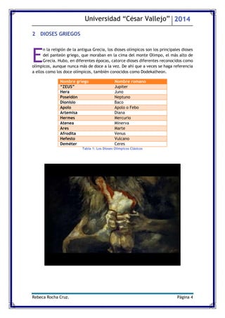 Universidad “César Vallejo” 2014 
Rebeca Rocha Cruz. Página 4 
2 DIOSES GRIEGOS 
n la religión de la antigua Grecia, los dioses olímpicos son los principales dioses del panteón griego, que moraban en la cima del monte Olimpo, el más alto de Grecia. Hubo, en diferentes épocas, catorce dioses diferentes reconocidos como olímpicos, aunque nunca más de doce a la vez. De ahí que a veces se haga referencia a ellos como los doce olímpicos, también conocidos como Dodekatheon. Nombre griego Nombre romano “ZEUS” Jupiter 
Hera 
Juno Poseidón Neptuno 
Dionisio 
Baco Apolo Apolo o Febo 
Artemisa 
Diana Hermes Mercurio 
Atenea 
Minerva Ares Marte 
Afrodita 
Venus Hefesto Vulcano 
Deméter 
Ceres 
Tabla 1: Los Dioses Olímpicos Clásicos 
E  