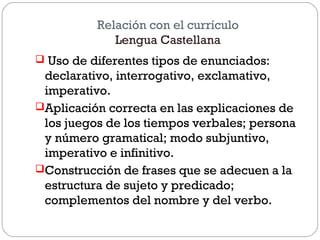 Relación con el currículo
Lengua Castellana
 Uso de diferentes tipos de enunciados:
declarativo, interrogativo, exclamativo,
imperativo.
Aplicación correcta en las explicaciones de
los juegos de los tiempos verbales; persona
y número gramatical; modo subjuntivo,
imperativo e infinitivo.
Construcción de frases que se adecuen a la
estructura de sujeto y predicado;
complementos del nombre y del verbo.
 