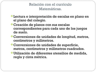 Relación con el currículo
Matemáticas.
Lectura e interpretación de escalas en plano en
el plano del colegio.
Creación de planos con sus escalas
correspondientes para cada uno de los juegos
de suelo.
Conversiones de unidades de longitud, metros,
centímetros y milímetros.
Conversiones de unidades de superficie,
metros, centímetros y milímetros cuadrados.
Utilización de diferentes utensilios de medida,
regla y cinta métrica.
 